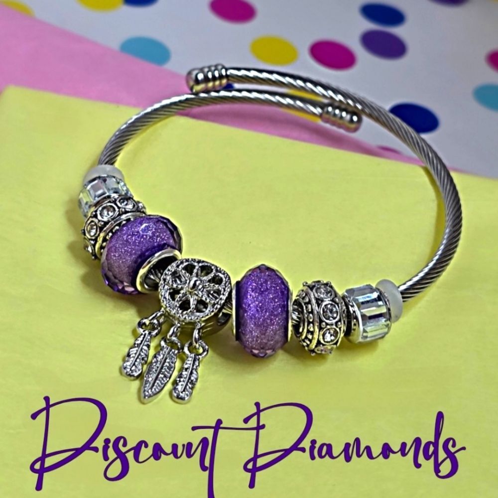 Purple & Silver Open Back  Expandable Dreamcatcher Bracelet
